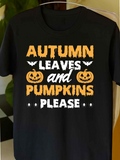 Men's T-Shirt Autumn Leaves Pumpkins Please With Smiling Pumpkin Faces Bats And Festive Letters
