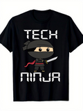 Men's T-Shirt Tech Ninja With Cartoon Sword Wielding Character And Pixel Art Ninja