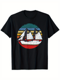 Men's T-Shirt Vintage Striped Sunset Over Calm Water With White Sailboat