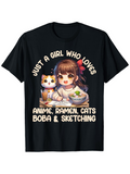 Men's T-Shirt Just A Girl Who Loves Anime Ramen Cats Boba Sketching With Smiling Cat And Anime Girl