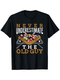 Men's T-Shirt Never Underestimate The Old Guy Classic Billiard Balls With Cue Rack Triangular Pool Table