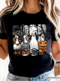 Women's T-Shirt Dark Forest With Halloween Pumpkins And Moonlit Geese Under Night Sky