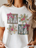 Women's T-Shirt Vintage Bow Decor With Stylish Floral Letters Mama