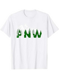 Men's T-Shirt PNW Green Pine Trees With Snowcapped Mountain Among Forest Scenery Letters