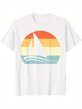 Men's T-Shirt Retro Pastel Sun With Sailboat And Stylized Ocean Waves