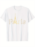 Men's T-Shirt Golden Outline Letters With Eiffel Tower Accented Graphic Paris