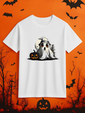 Men's T-Shirt Spooky Halloween Night With Pumpkin Lantern And Cartoon Ghost