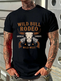 Men's T-Shirt Wild Bull Rodeo Western Skull Pistols Below Rising Stars