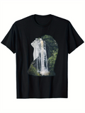 Men's T-Shirt Majestic Forest Waterfall Flowing Through Lush Green Wolf Silhouette