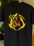 Men's T-Shirt Flaming Yellow Aura With Hooded Grim Avenger Holding Sword