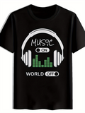 Men's T-Shirt Music On World Off With Headphones And Vibrant Sound Bars Design