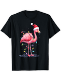 Men's T-Shirt Festive Holiday Lights With Cheerful Pink Flamingo Wearing Santa Hat Flamingo