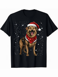 Men's T-Shirt Festive Holiday Snow With Cheerful Smiling Dog Wearing Santa Hat