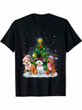 Men's T-Shirt Playful Puppies Wearing Christmas Hats Around Decorated Christmas Tree