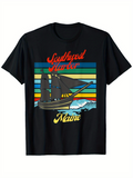 Men's T-Shirt Southwest Harbor Sunset Stripes With Sailing Ship And Ocean Waves