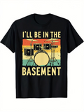Men's T-Shirt Ill Be In The Basement Retro Sunset Colors With Drum Kit Graphic Drum Set
