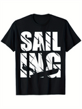 Men's T-Shirt Bold White Block Letters With Overlapping Sailboat And Abstract Lines Sailing