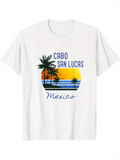 Men's T-Shirt Cabo San Lucas Mexico Sunset With Silhouetted Palm Trees And Calm Waves Beach