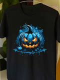 Men's T-Shirt Moody Blue Swirling Shadows And Glowing Eyes Halloween Pumpkin
