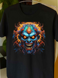 Men's T-Shirt Glowing Neon Flames Surrounding Fierce Demonic Skull Face