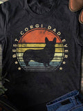 Men's T-Shirt Best Corgi Dad Ever Vintage Stripe Sunset With Silhouette Of Corgi Dog