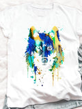 Women's T-Shirt Colorful Abstract Paint Drips Splashing Mystical Wild Wolf Face