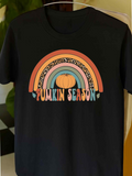 Men's T-Shirt Pumpkin Season Multicolored Arched Rainbow With Leafy Accents Centered Pumpkin