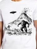 Men's T-Shirt Alien Spaceship With Erupting Volcano Pursued By Bigfoot Creature