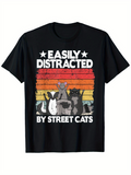 Men's T-Shirt Easily Distracted Retro Striped Sunset Graphic With Playful Street Cats