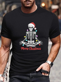 Men's T-Shirt Merry Christmas Skeleton With Colorful Lights Wearing Santa Hat