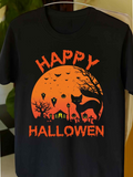 Men's T-Shirt Happy Halloween Spooky Haunted Houses With Pumpkin Moonlit Night Cat