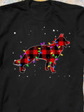 Men's T-Shirt Red Plaid Covered With Colorful Christmas Light String Shepherd Dog