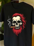 Men's T-Shirt Smoking Skull With Vibrant Red Hair And Flowing Beard