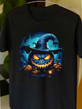 Men's T-Shirt Glowing Blue Night With Pumpkins And Wicked Witch Hat Jack O Lantern