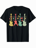 Men's T-Shirt Colorful Musical Notes With Electric Guitars Under Vibrant Staff Lines