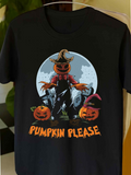 Men's T-Shirt Pumpkin Please Full Moon Night With Two Smiling Pumpkins And Scarecrow