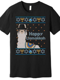 Men's T-Shirt Happy Llamakkah Blue And Gold Hanukkah Motifs Surround Fun Llama