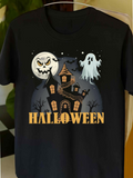 Men's T-Shirt Halloween Haunted Mansion With Ghost Under Full Moon Night