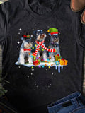 Men's T-Shirt Festive Winter Snowflakes With Presents Among Playful Schnauzer Dogs