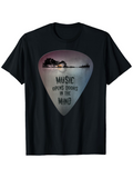 Men's T-Shirt Music Opens Doors In The Mind Sunset Lake With Silhouetted Trees And Guitar Pick