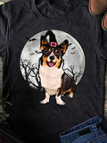 Men's T-Shirt Spooky Moon With Witch Hat And Enchanted Night Corgi Dog