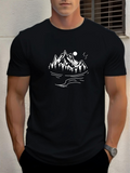 Men's T-Shirt Monochrome Mountain Scene With Pine Forest And River Landscape Mountain