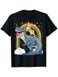 Men's T-Shirt Colorful Rainbow With Cat Riding Dinosaur Surrounded By Shining Stars