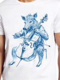 Men's T-Shirt Blue Sketch Style Wild Boar Playing Classical Cello Seated On Chair