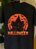 Men's T-Shirt Halloween Haunted Mansion With Bats Orange Full Moon And Creepy Trees