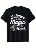 Men's T-Shirt Science Is Like Magic But Real Whimsical Atomic Design Featuring Swirling Elements On Black Tee