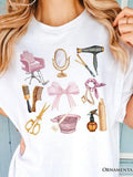 Women's T-Shirt Pink Salon Tools And Stylish Accessories With Vintage Hairdresser Bow