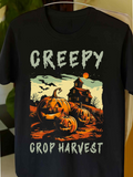 Men's T-Shirt Creepy Crop Harvest With Bats And Crumbling Rustic Barn Pumpkins
