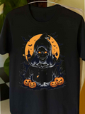 Men's T-Shirt Glowing Orange Moon And Bats With Grim Reaper Surrounded By Pumpkins