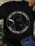 Men's T-Shirt I Like Cats And Hockey With A Grumpy Black Cat Holding A Hockey Stick